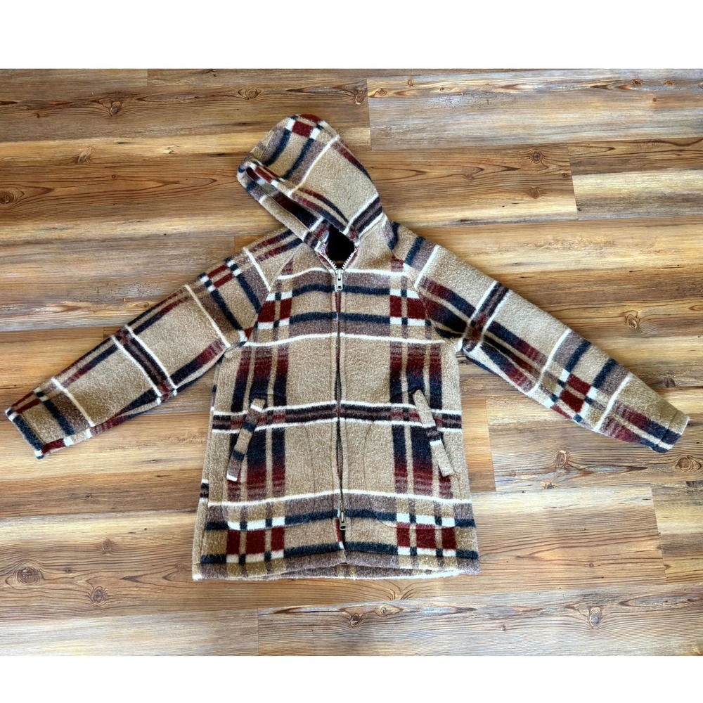 Norm Thompson Vintage Wool Blend Plaid Hooded Jacket Tan Burgundy Navy Medium